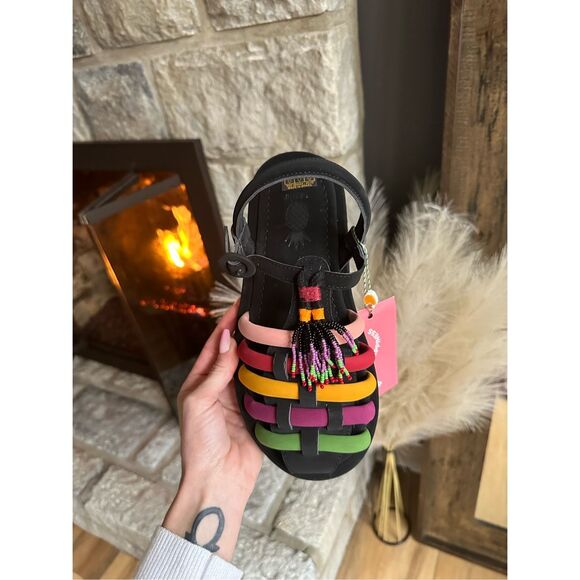 Farm Rio Sandal Size 7 Womens Black Beaded Tassel Shoes Bohemian Casual NWT - Picture 4 of 7